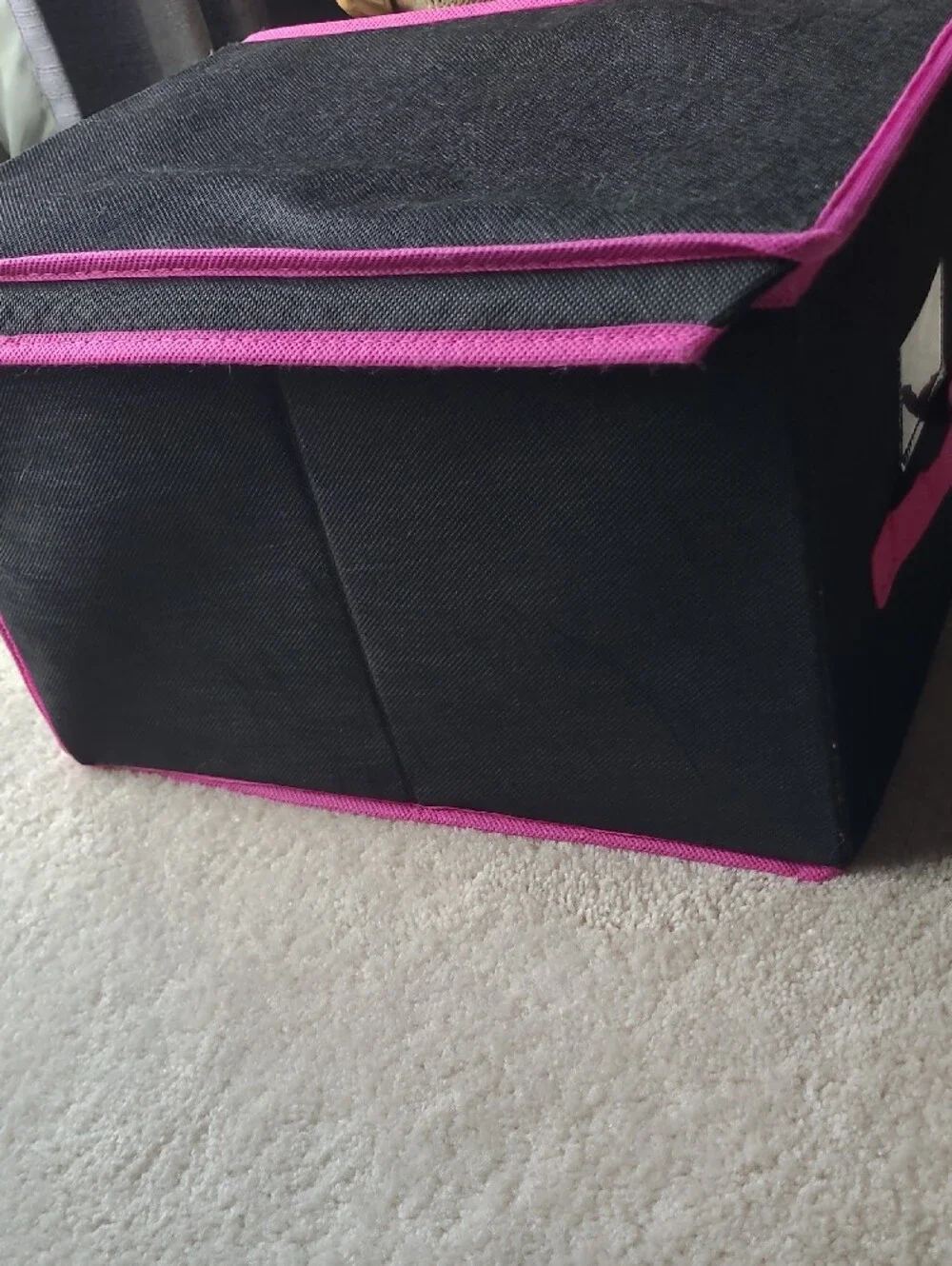 Black and Pink Fabric Storage Box with Attached Lid